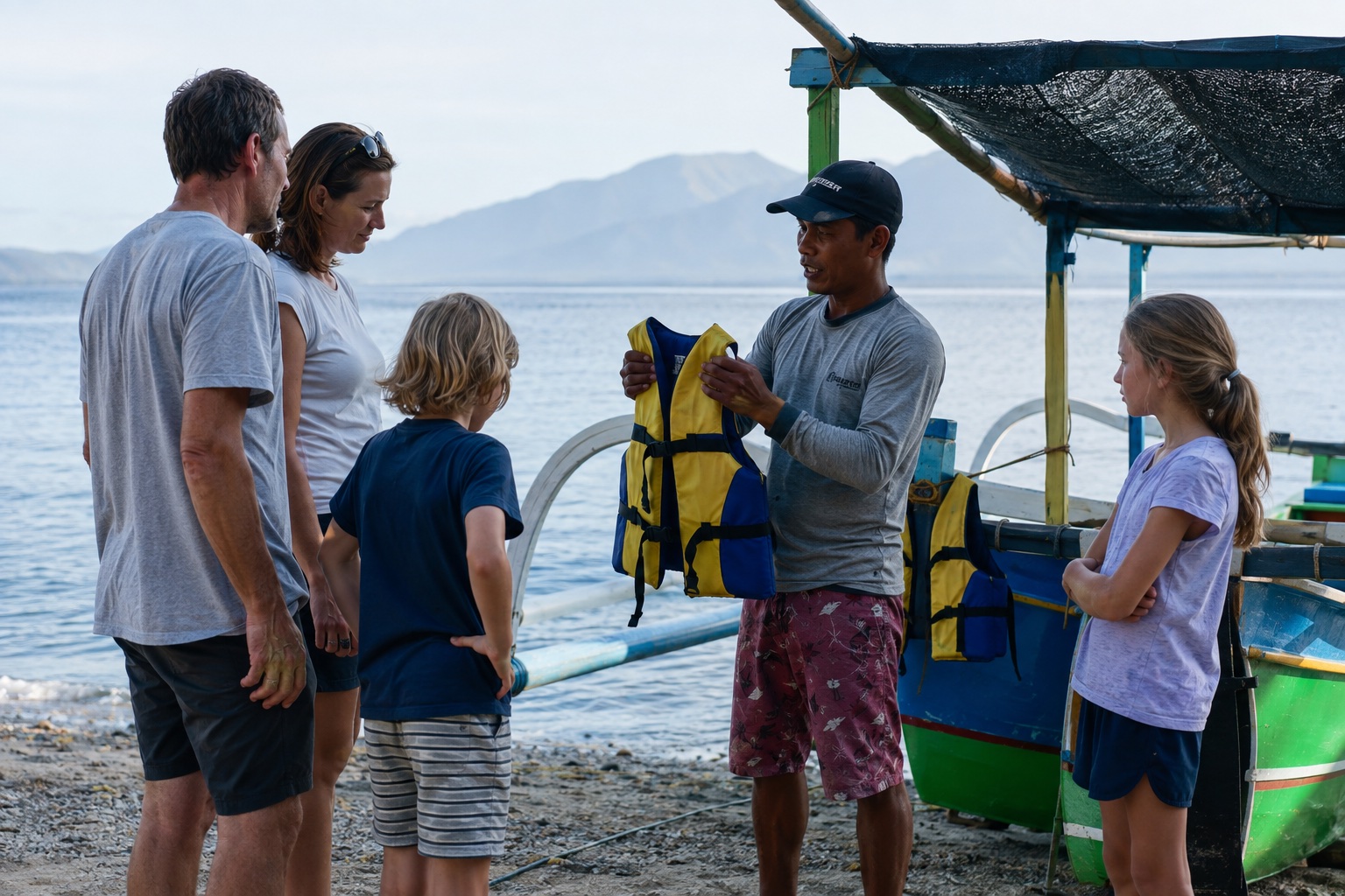 Guide local présentant les gilets de sauvetage à une famille avant une sortie en bateau