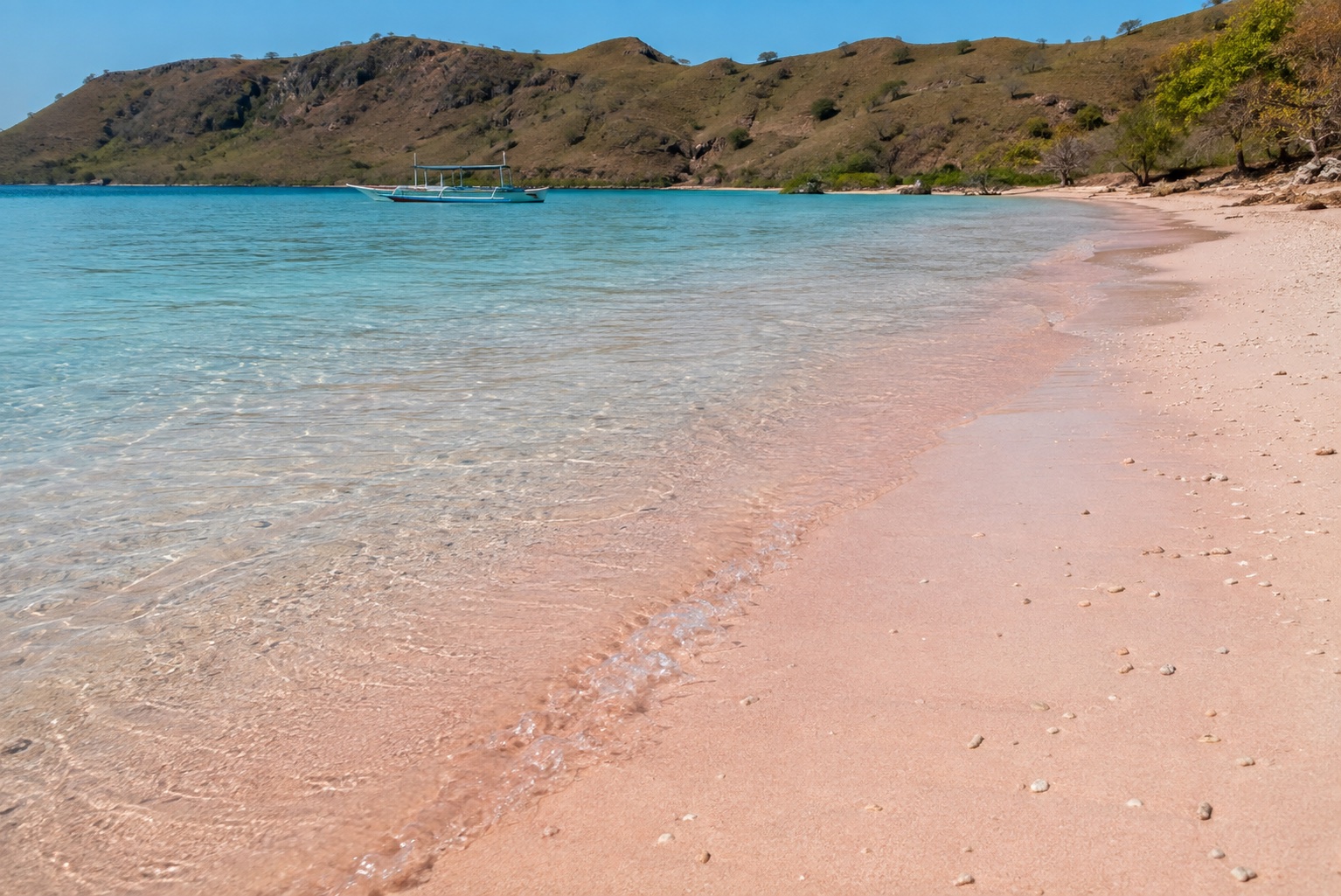 Nuance naturelle du sable rose au bord de l’eau à Pink Beach Lombok