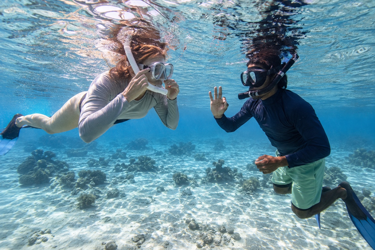Guide accompagnant une voyageuse débutante pendant une initiation au snorkeling
